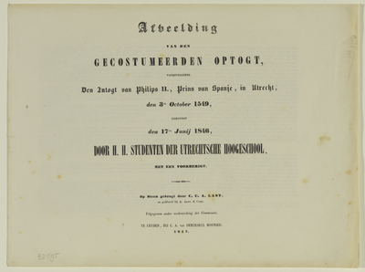 32595 Titelblad van de beschrijving van de maskerade van de studenten van de Utrechtse hogeschool op 17 juni 1846, ...